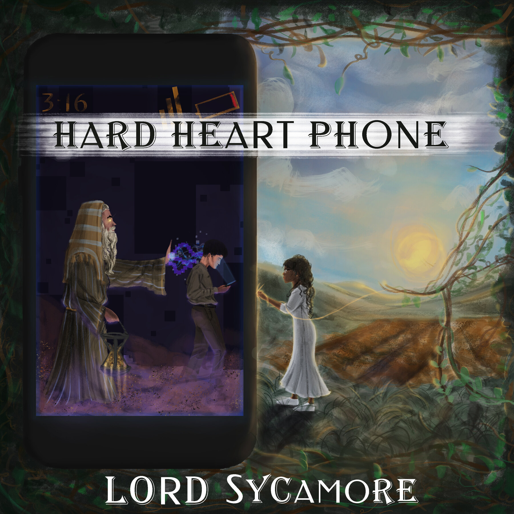 hardheartPhone album cover, divided between a dark phone frame and garden light